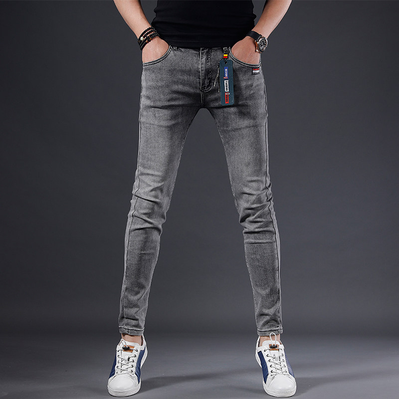 Smokey gray jeans men's trend summer thin section high elastic self-cultivation slim feet thin men's pants