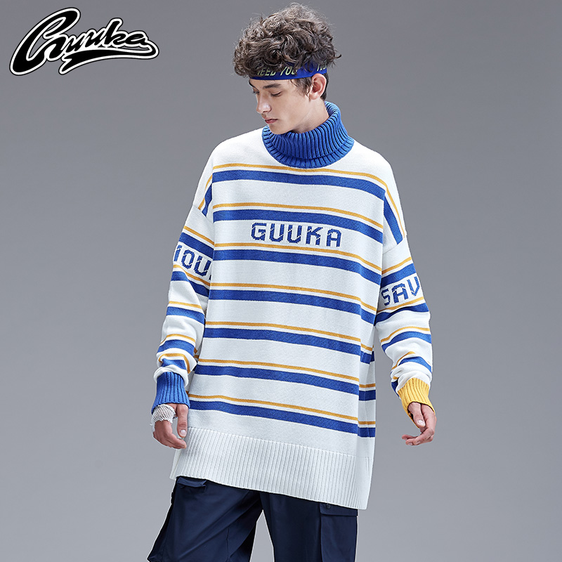 Guuka Tide Card High Collar Sweater Male Winter Teen Hip Hop Lazy Wind Striped Stitch Sweater Sweater Male Loose