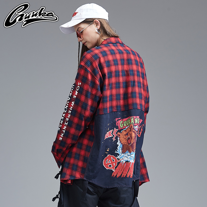 Guuka Tide Sign Shirt Woman Long Sleeve Shirt Street Dance Hiphop Splicing Red Plaid Pure Cotton Shirt Jacket-Taobao