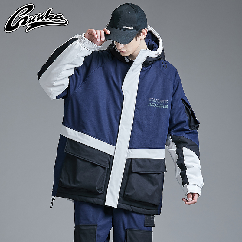 GUUKA Contrast Cotton Clothes Men's Tide Brand Zhai Xiaowen with Hip Hop Sports Cotton Coat Hooded Cotton Coat Coat Men's Loose