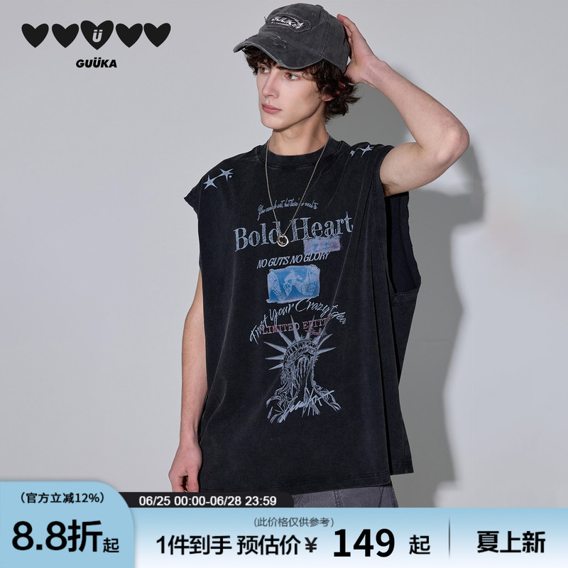 Tian Jiarui's Same Style Guuka American Retro Vest for Men, New Shoulder-Length Vest for Women, Heavyweight Pure Cotton Sleeveless T-Shirt, Trendy