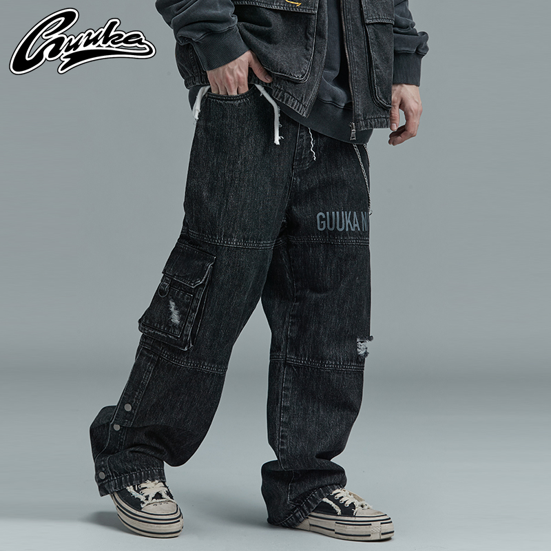 GUUKA Tide Cards Black Jeans Men's Fall Student Hip Hop multiple bags Hole Tooling Straight Barrel Jeans Loose