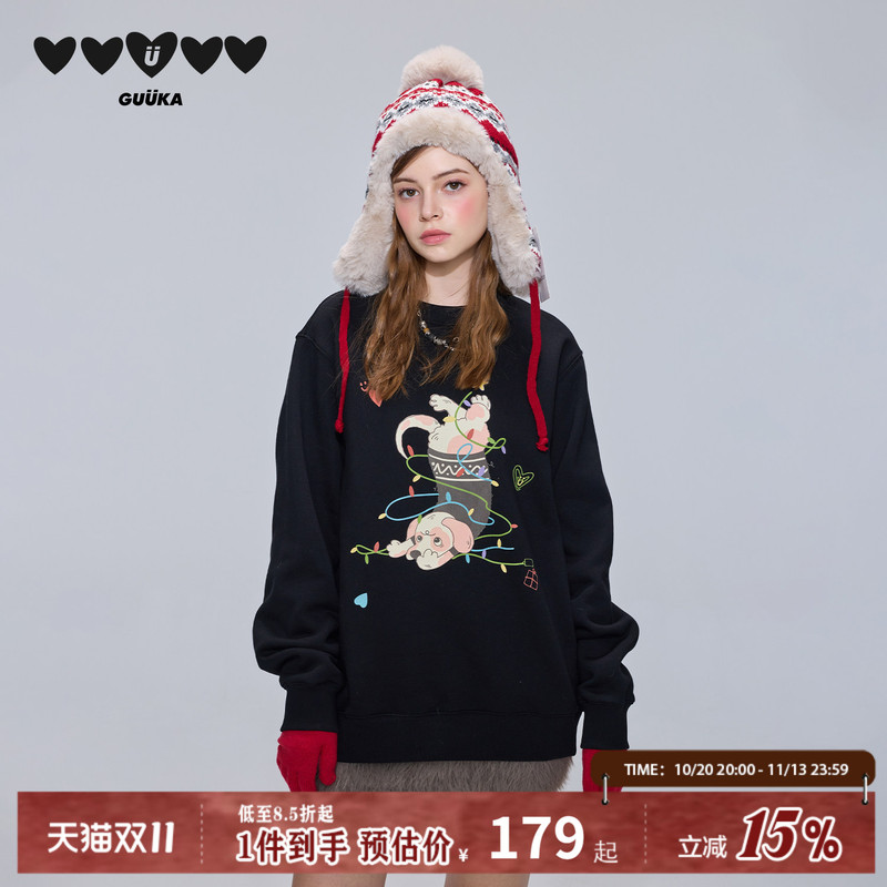 Guuka Trendy Black Fleece-Lined Crewneck Sweatshirt for Women 2026 New Model Fluorescent Light Print Christmas Pullover