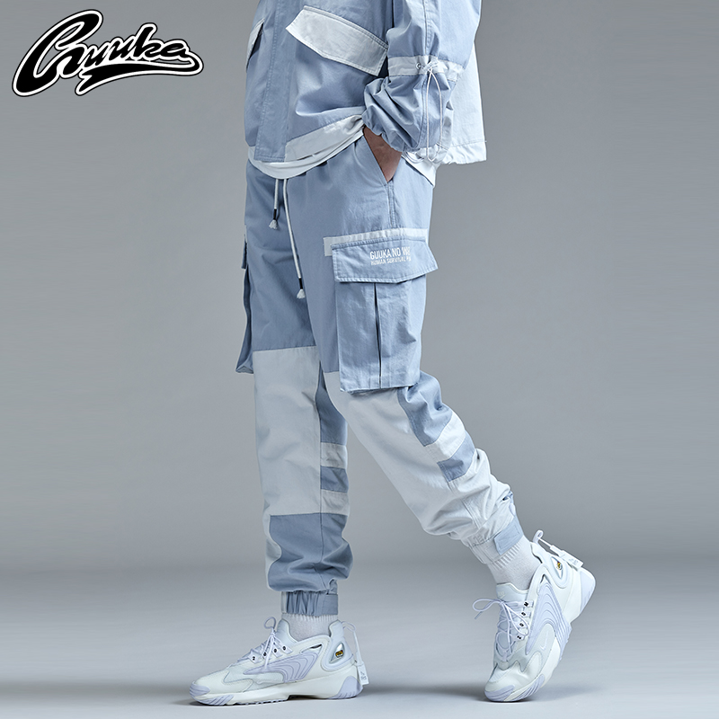 Guuka Multiple Pocket Work Pants Male Tide Card Teen Hip Hop Collision Color Splicing Ins Sport Bunches Pants Men Loose