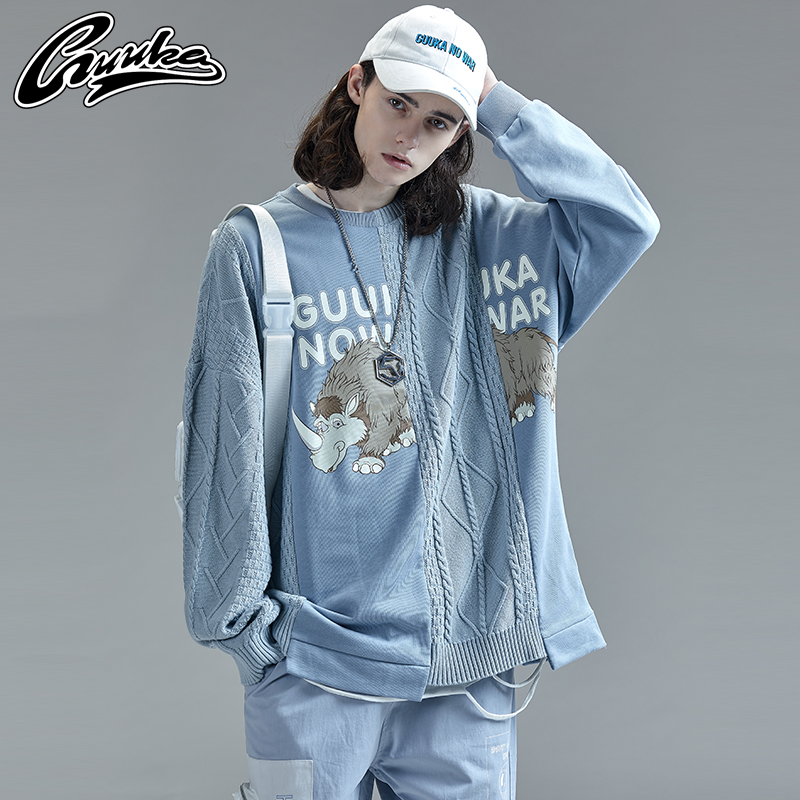 GUUKA Tide brand blue sweatshirt men's round neck youth Hip Hop print stitching knitted trousers thick cotton T men loose
