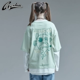 Зеленый комплект, хлопковый приятный телу лонгслив в стиле хип-хоп для влюбленных, круглый воротник, свободный крой