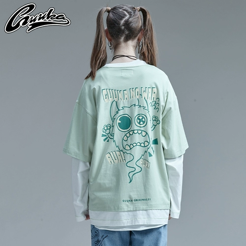 Зеленый комплект, хлопковый приятный телу лонгслив в стиле хип-хоп для влюбленных, круглый воротник, свободный крой