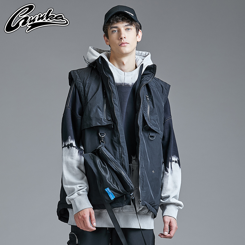 GUUKA fashion brand black cotton vest men's autumn and winter teen hip-hop functional multi-pocket vest jacket men loose