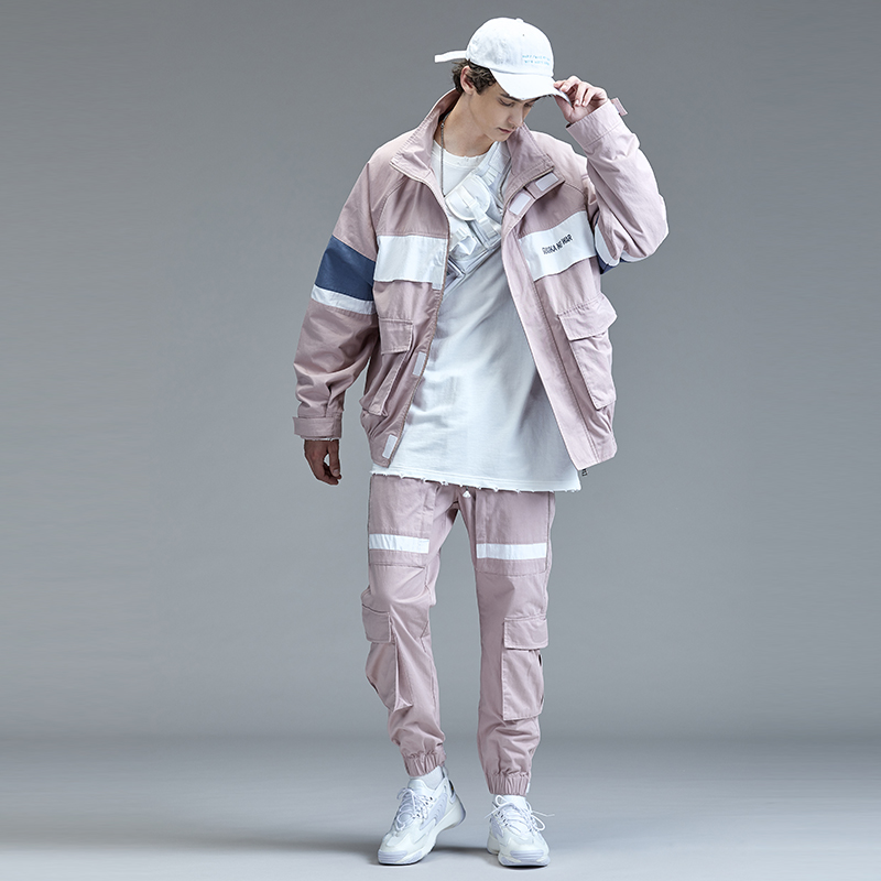 Guuka Tide hồng Multi-Pocket áo gió nam bông Teen Hip-Hop Stitchsports Workwear Jacket Loose