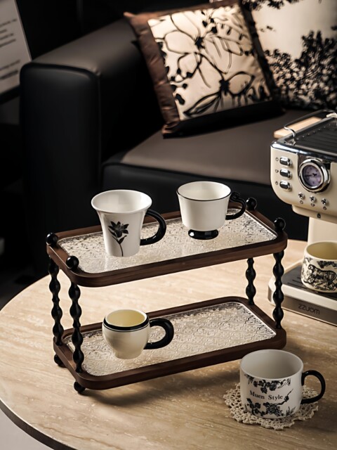 French Ziwoo Mid-Century Style Desktop Cup Solid Wood Storage Rack High-End Light Luxury Home Countertop Double-Layer Storage Rack