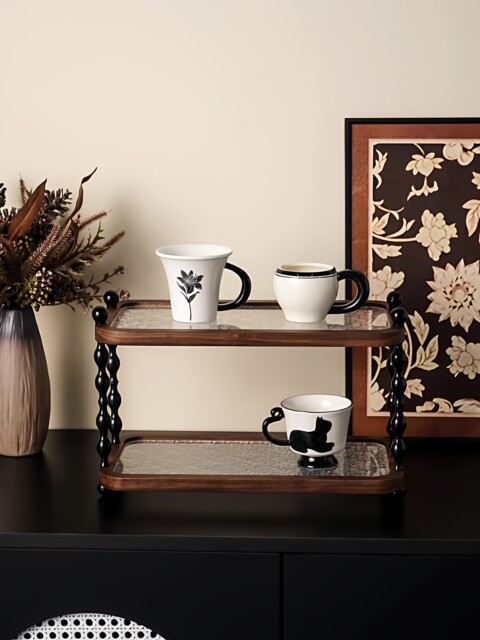French Ziwoo Mid-Century Style Desktop Cup Solid Wood Storage Rack High-End Light Luxury Home Countertop Double-Layer Storage Rack