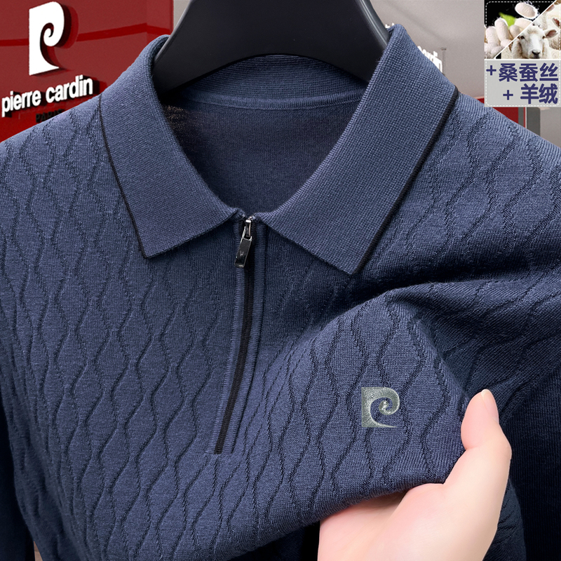 Pierre Cardin Cashmere Long-Sleeved T-Shirt Men's Spring & Fall Lapel Zipper Polo Shirt Mulberry Silk Knitted Thin Sweater