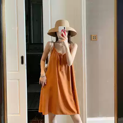 2021 new seaside resort beach skirt short loose slim V-neck backless sling Sanya dress women Summer