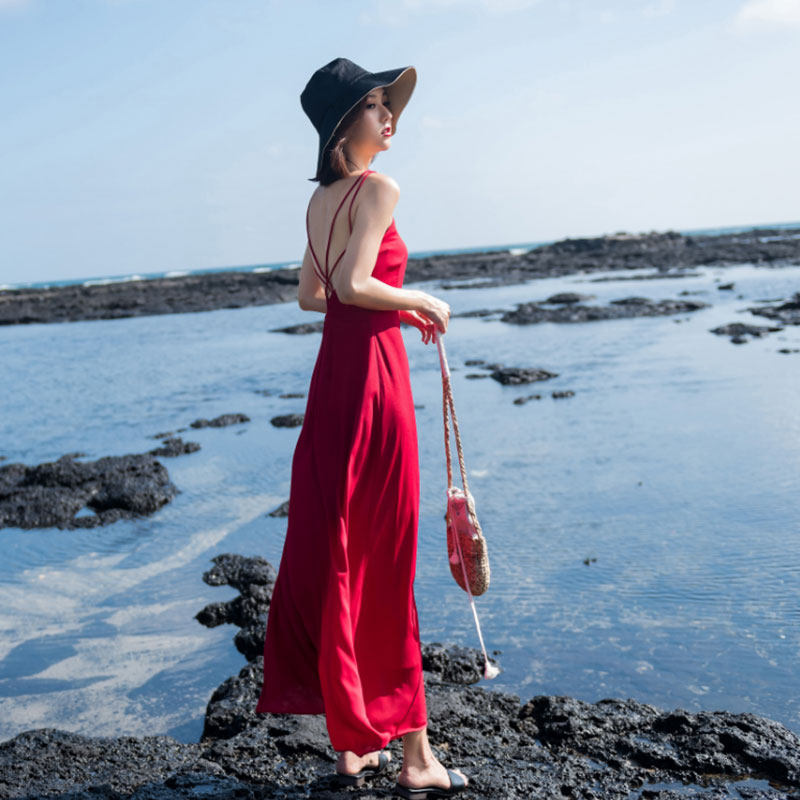Beach dresses seaside holiday 2021 new sexy harnesses ruby back three-tour clothes red ocean dress women summer