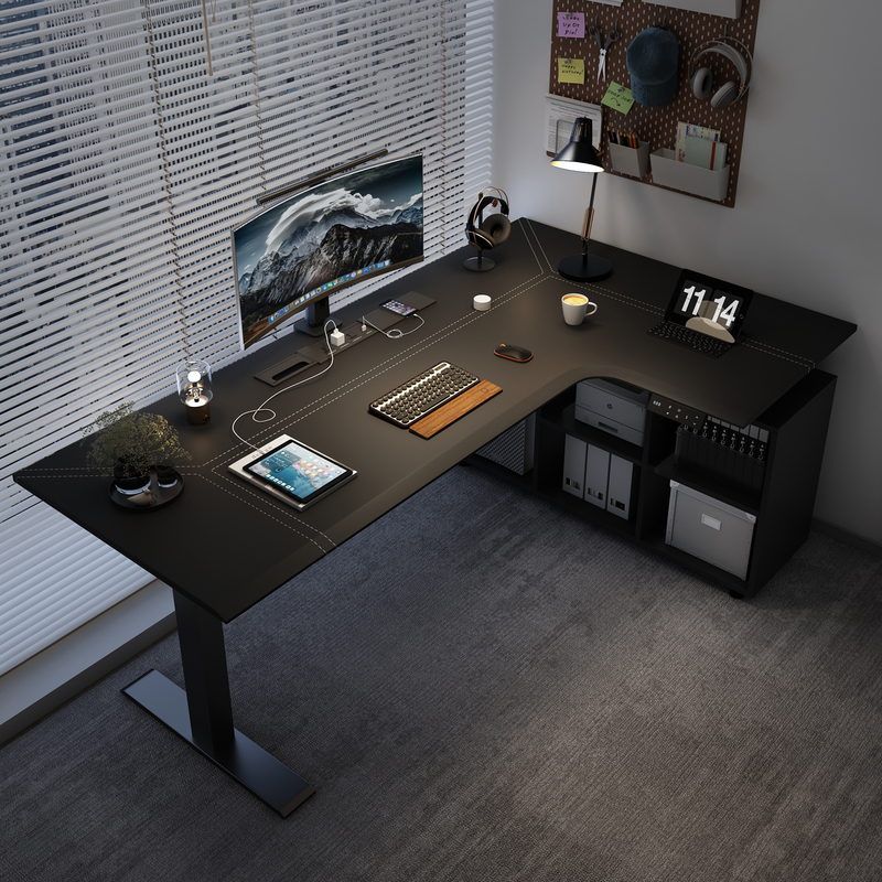 Corner Electric Lift Table L-Shaped Corner Leather Workbench Desk Home Computer Desk Office Study Desk Solid Wood