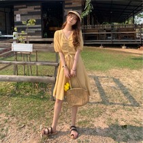 2020 temperament goddess fan clothes little fairy Summer Super fairy yellow long skirt plaid dress female summer