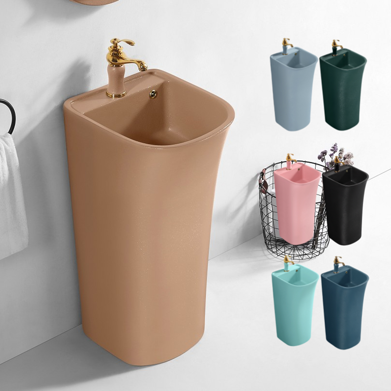 Nordic Colored Square Wash Basin Makeup Room Floor Type Ceramic Outdoor Deepening Integrated Washbasin Balcony column basin