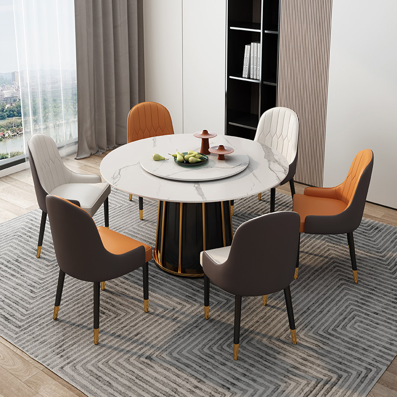 Italian light luxury rock board dining table and chair combination modern minimalist turntable solid wood round dining table household small-sized dining table