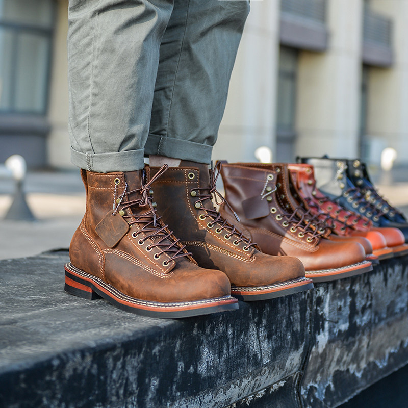 Ammerclick Gooey Goodyear Round Tooling Boots American Retro Martin Boots Couple Heads Layer Bull Leather Short Boot Locomotive Boots