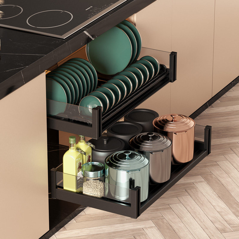 kitchentime kitchen whole cabinet double drawer Star series Black Crystal all aluminum gold dishes pull basket