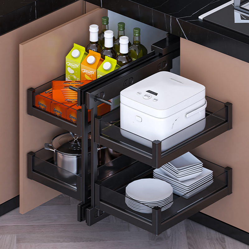 Corner basket kitchen overall cabinet damping buffer full pull-out linkage storage aluminum alloy small monster pot bowl rack