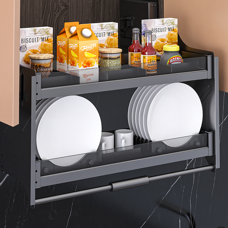 Kitchen hanging cabinet lift basket integral cabinet cushioning damping up and down aluminum alloy seasoning storage shelf blue