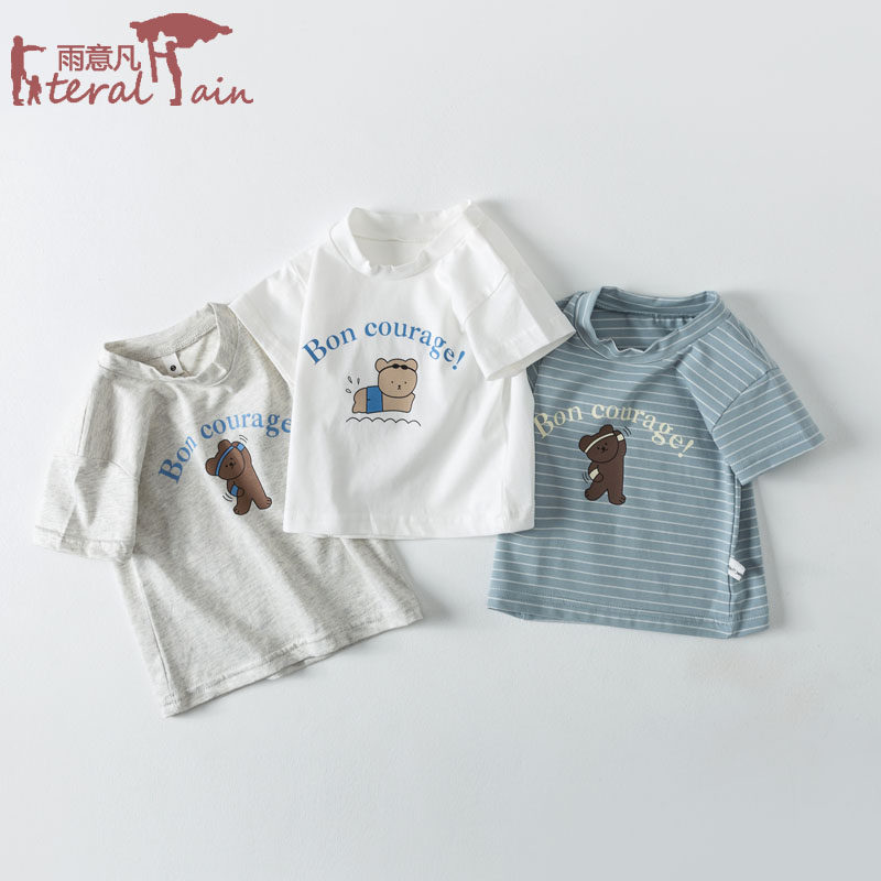Baby short-sleeved T-shirt top pure cotton summer thin section half-sleeved female and male baby summer striped blue white middle sleeve