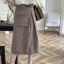  (LAMBO EXCLUSIVE@Special) Wool tweed retro three-dimensional folding large pocket woolen skirt