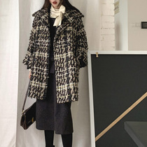  (LAMBO Exclusive)Retro woven Plaid Tweed Wide Sleeve Double breasted Belt Coat