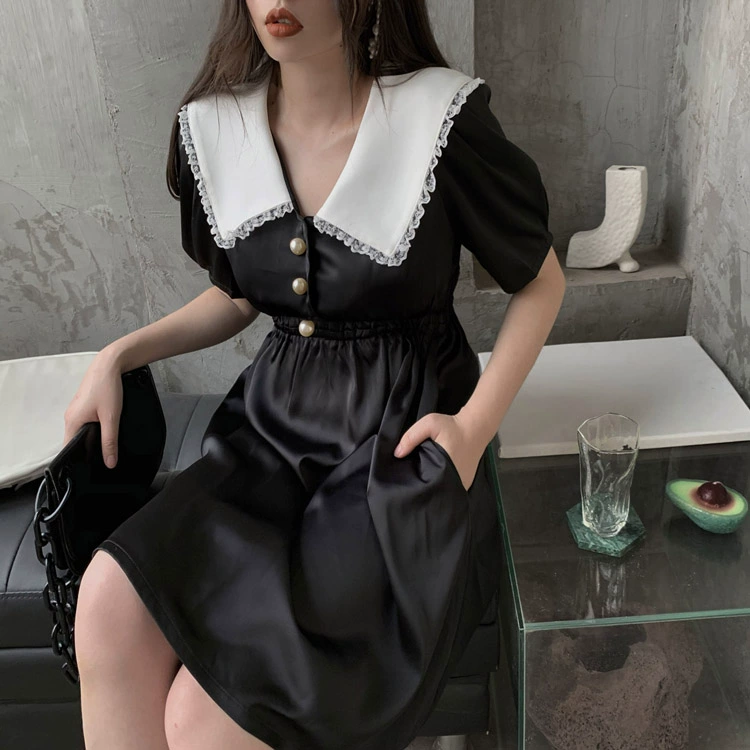 [LAMBO] Kiểu dáng retro mỏng màu đen và trắng phù hợp với ren cổ vuông tay áo lồng đèn tay ngắn váy eo cao - Váy eo cao