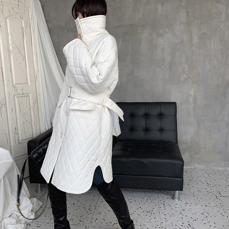 (LAMBO Exclusive@Special) Three-dimensional quilting, rhombus, belt, windproof lapel, long cotton jacket