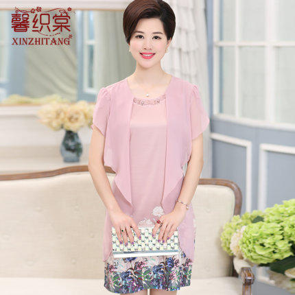 中年女夏装短袖连衣裙50岁妈妈装春季雪纺裙
