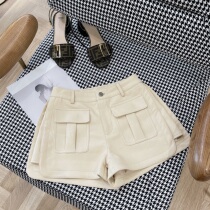 RUBBIT2021 summer new high quality imported PU high waist a style fashion big pocket wide leg shorts