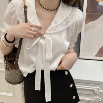 Rubbit21 summer high-end silk shirt exquisite lace side V-neck bow temperament girlish 2 wear