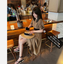 Rubbit summer New temperament and Girl white caramel silk blend high waist stitching dress