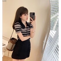 Rubbit chic summer temperament striped shirt original design is different short sleeve thin top women