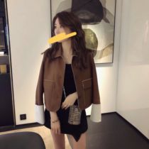 Early autumn new Xiaodong Rubbit high-end good goods imported leather white temperament caramel color leather clothing