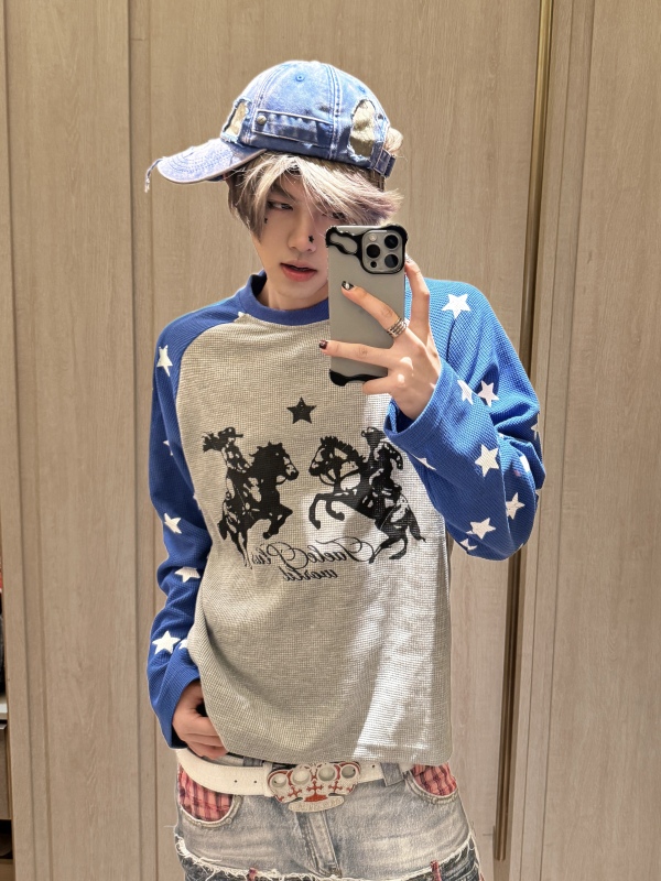 「Ueshima」Second-Hand Jousting Waffle Star Print Raglan Loose Casual Long-Sleeve T-Shirt for Men and Women
