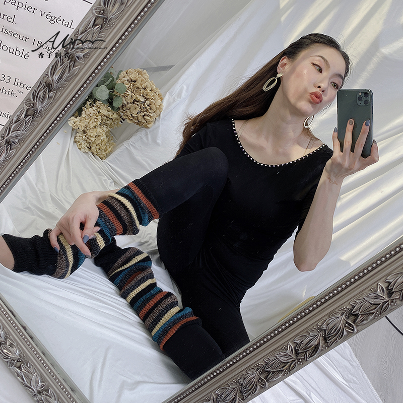 Xizijia belly dance socks Warm non-slip knee socks Knitted striped dance socks Practice stockings