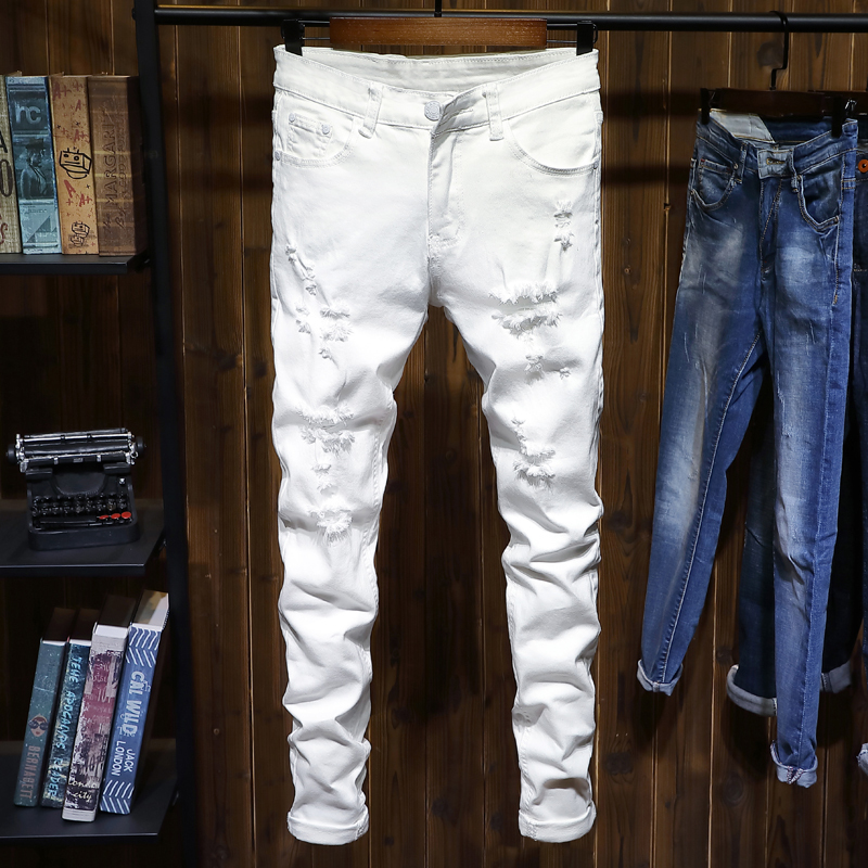 White Ripped Skinny Jeans for Men, Slim Fit, Stretchy, Fashionable Korean Style, Trendy Young Men's Long Pants, 2026 Model