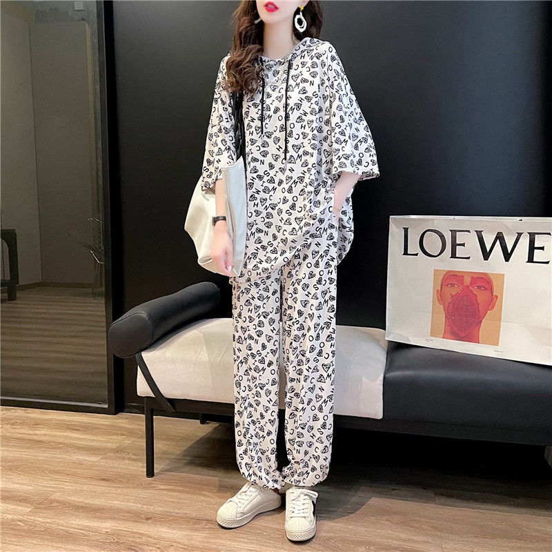 Summer Leisure Sports Suit Women's Tennis Red Fashion Foreign Pie loose pure cotton Large size Two sets Less age Lean Tide Cards