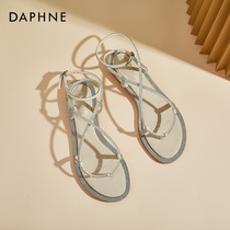 Daphne rhinestone word belt sandals womens 2020 summer new fairy wind flat-bottomed wild fashion wedge-heeled Roman shoes