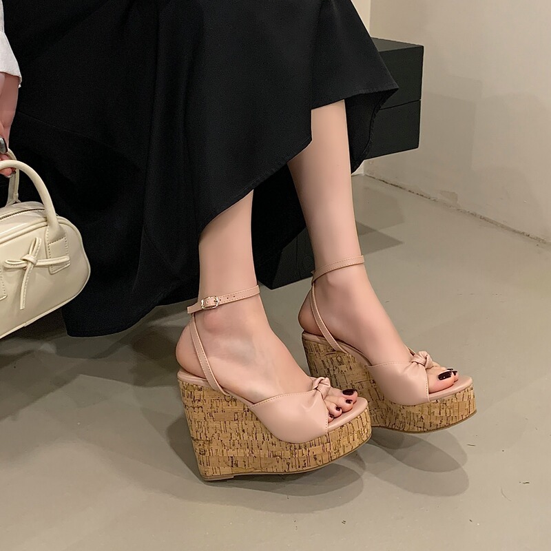 12cm Thick-Soled Wedge Sandals for Women, 2026 Spring New Style, Wood-Grain Platform Sole, Height-Increasing Open-Toe High Heels for Petite Women