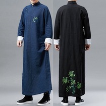 Chinese style republic of China long robe ramie mens wear Chinese style stand collar plate button Tang suit ancient costume robe coat embroidered Hanfu trend