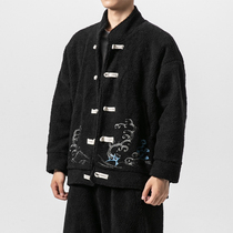 Tang suit mens youth Chinese style retro buckle jacket embroidered thickened baseball uniform Lamb wool winter jacket