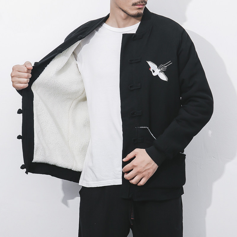 Chinese style embroidered short cotton coat men's winter coat large size cotton clothes men's tide brand stand collar plus velvet jacket men's Tang suit