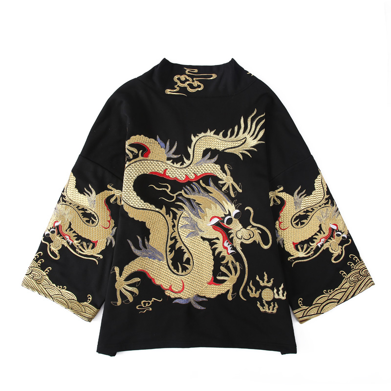 Chinoiserie embroidered golden dragon robe cardigan jacket men autumn winter loose size kimono big clothes trend hip hop Hanfu