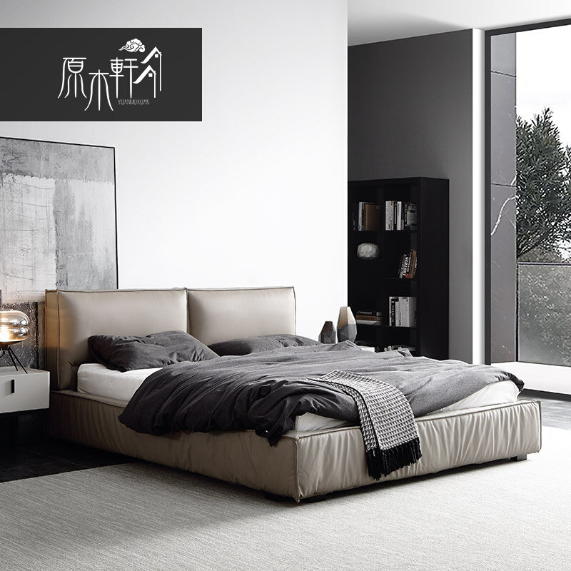 Modern simplicity 1 8 m genuine leather double man leather art square headboard net red master bedroom 1 5 m Nordic air pressure wedding bed