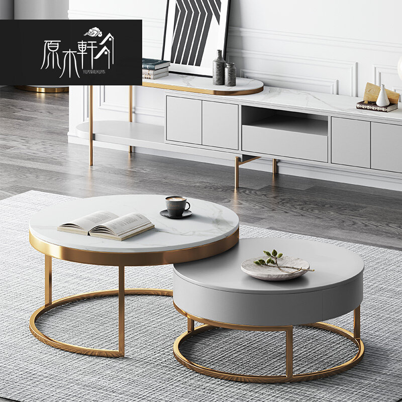 Italian light luxury rock plate round tea cabinet combined with post-modern minimal small-family marble tea table