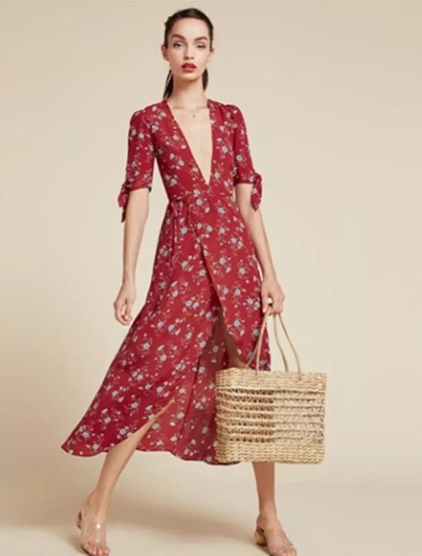 Cải cách Pháp hoa váy kỳ nghỉ tinh retro sâu vT dây rút eo bọc ngực váy 2018 váy xoắn eo đẹp	